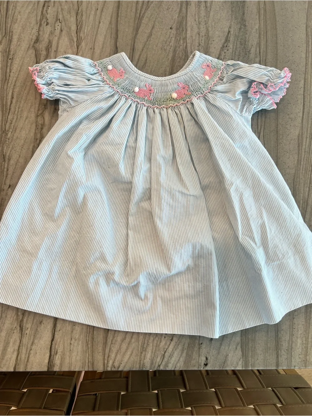 Blue Smocked Baby Dress with Pink Embroidery